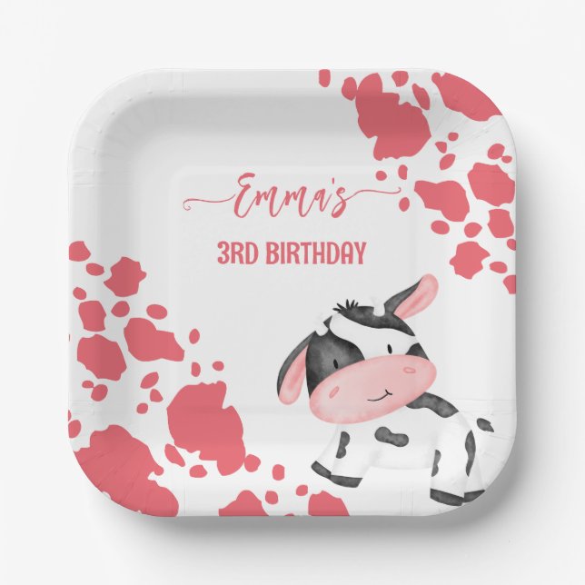 Cow party tableware pink cow pattern personalized paper plate (Front)