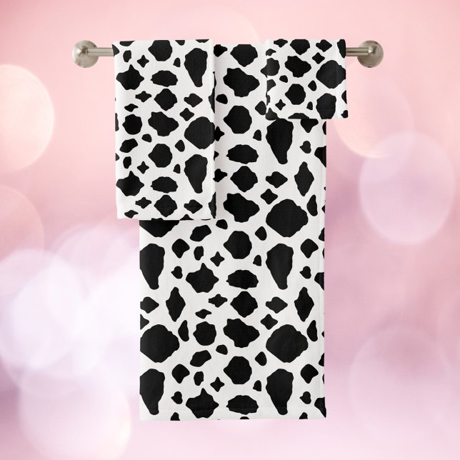 Cow Pattern Animal Print Black White Farmhouse (A bath towel set with a black and white cow pattern.)