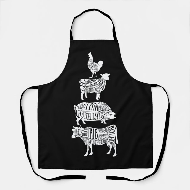 cow pig chicken butcher meat cuts art small holder apron (Front)