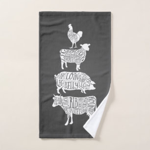 cow pig chicken butcher meat cuts art small holder hand towel