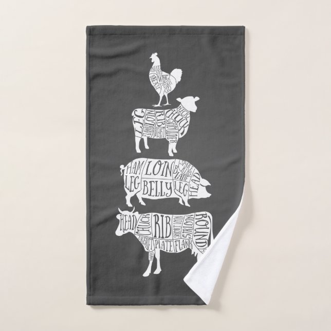 cow pig chicken butcher meat cuts art small holder hand towel (Hand Towel)