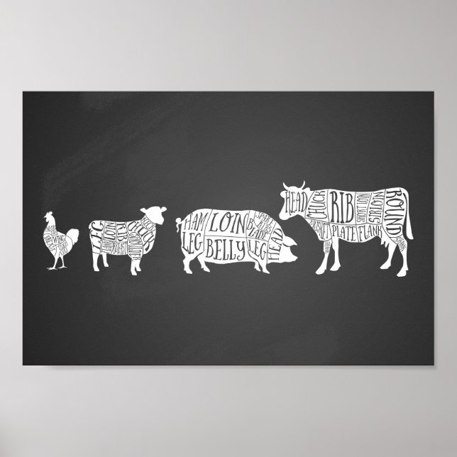 cow pig chicken butcher meat cuts art small holder poster (Front)