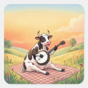 Cow Playing a Banjo on a Blanket Square Sticker