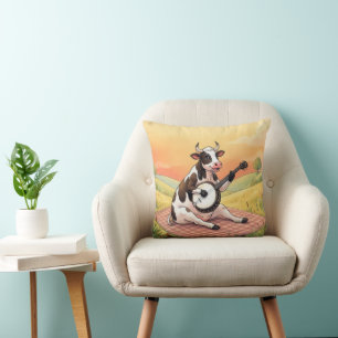 Cow Playing a Banjo on a Blanket Throw Pillow