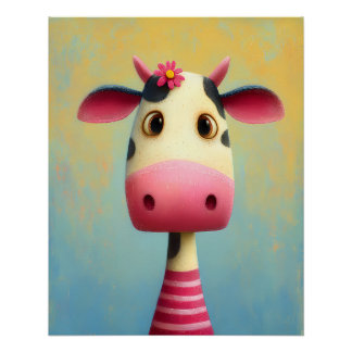 Cow portrait with flowers - pink striped - cartoon poster