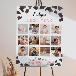 Cow Print Birthday Floral Photo Milestone Poster