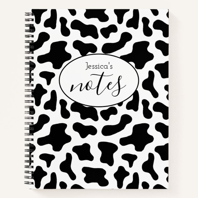 Cow Print Black and White Custom Name Notebook (Front)