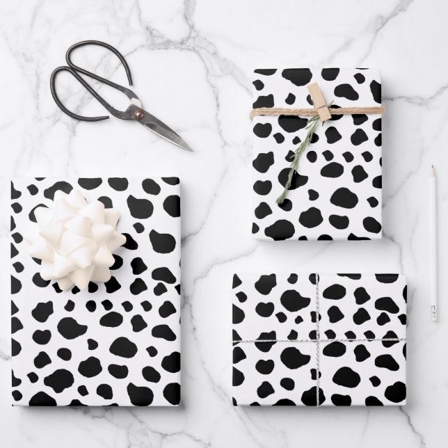Cow Print, Cow Pattern, Cow Spots, Black And White Wrapping Paper Sheet (Front)