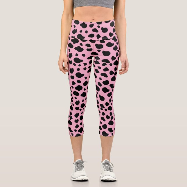 Cow Print, Cow Pattern, Cow Spots, Pink Cow Capri Leggings (Front)