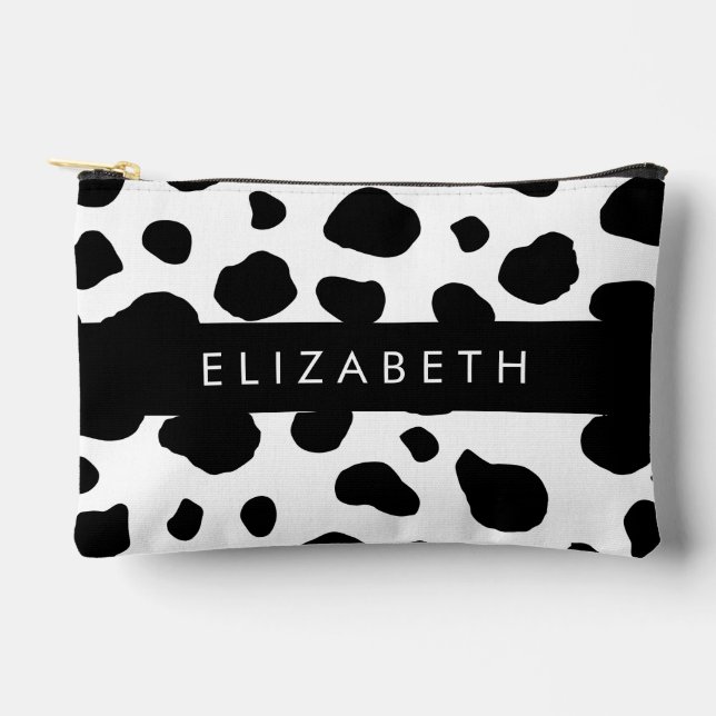 Cow Print, Cow Spots, Black And White, Your Name Accessory Pouch (Front)