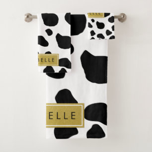 Cow Print, Cow Spots, Black And White, Your Name Bath Towel Set