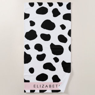 Cow Print, Cow Spots, Black And White, Your Name Beach Towel