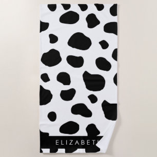 Cow Print, Cow Spots, Black And White, Your Name Beach Towel