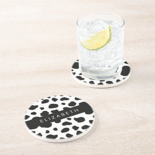 Cow Print, Cow Spots, Black And White, Your Name Coaster