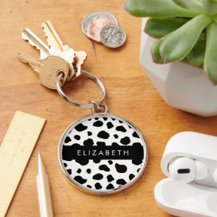 Cow Print, Cow Spots, Black And White, Your Name Keychain