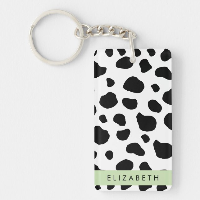 Cow Print, Cow Spots, Black And White, Your Name Keychain (Front)
