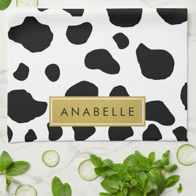 Cow Print, Cow Spots, Black And White, Your Name Kitchen Towel (Folded)