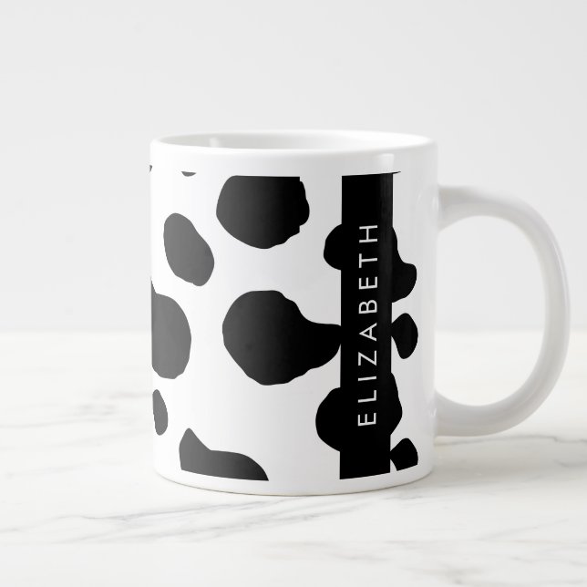 Cow Print, Cow Spots, Black And White, Your Name Large Coffee Mug (Right)
