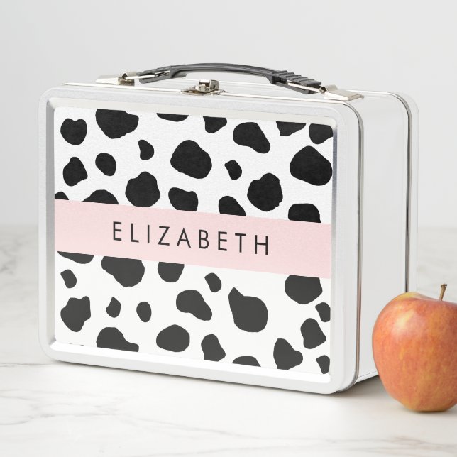 Cow Print, Cow Spots, Black And White, Your Name Metal Lunch Box (In Situ)