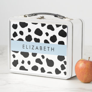 Cow Print, Cow Spots, Black And White, Your Name Metal Lunch Box