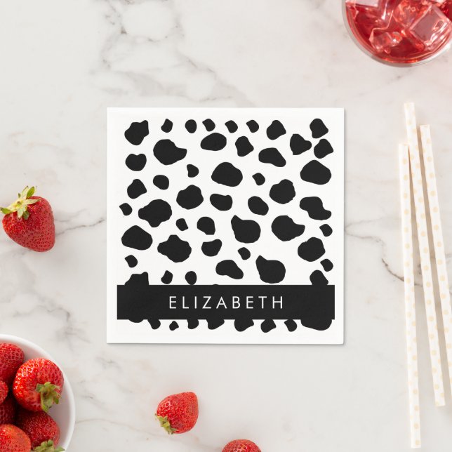 Cow Print, Cow Spots, Black And White, Your Name Napkin (Insitu)