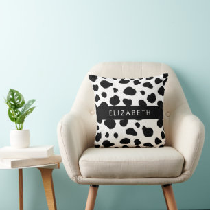 Cow Print, Cow Spots, Black And White, Your Name Throw Pillow
