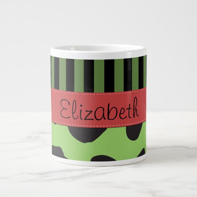 Cow Print, Cow Spots, Green Stripes, Your Name Large Coffee Mug (Front)