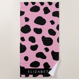 Cow Print, Cow Spots, Pink Cow, Your Name Beach Towel