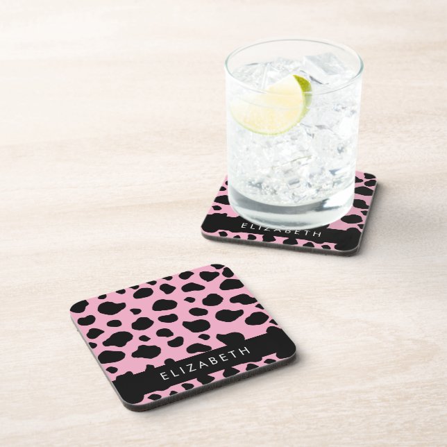 Cow Print, Cow Spots, Pink Cow, Your Name Coaster (Right Side)