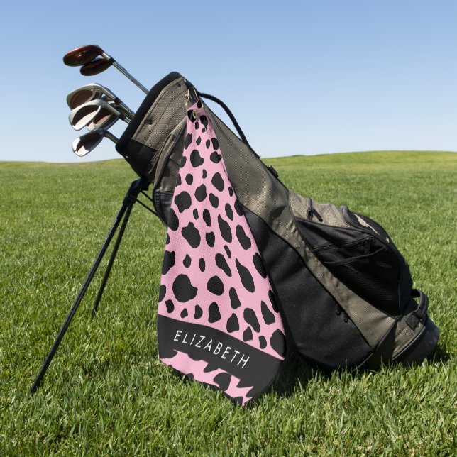 Cow Print, Cow Spots, Pink Cow, Your Name Golf Towel (Green)
