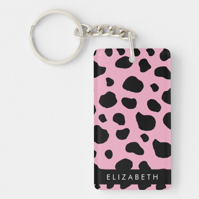 Cow Print, Cow Spots, Pink Cow, Your Name Keychain (Front)