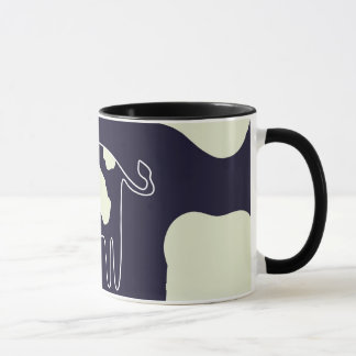 Cow print cup on navy blue background with white s