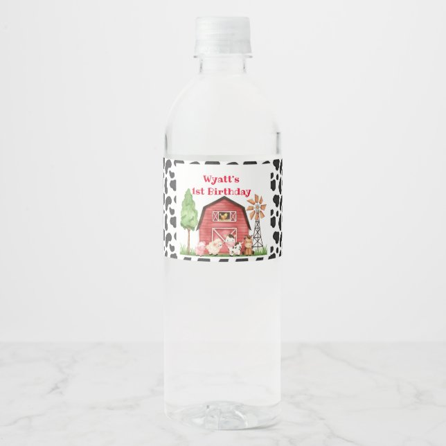 Cow Print Farm First Birthday Drink Label (Front)