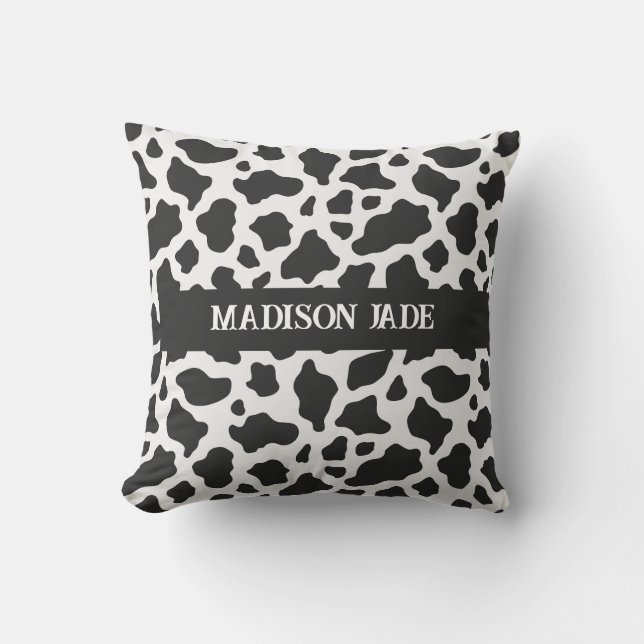 Cow Print Monogram Minimal Animal Print Throw Pillow (Front)