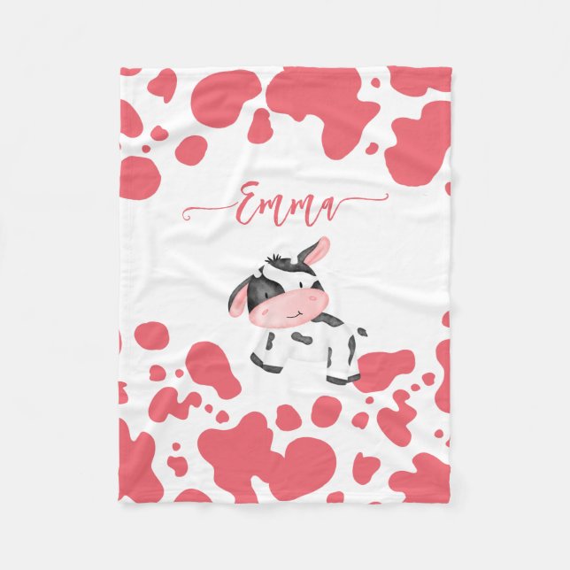 Cow print nursery pink pattern personalized name fleece blanket (Front)
