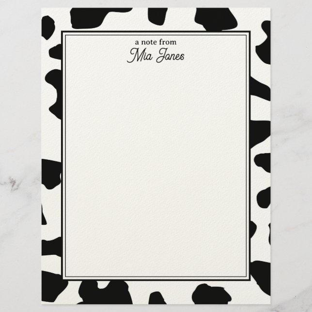 Cow Print Pattern Black and White Personalized Letterhead (Front)