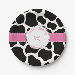 Cow Print Pink Black Birthday Paper Plate