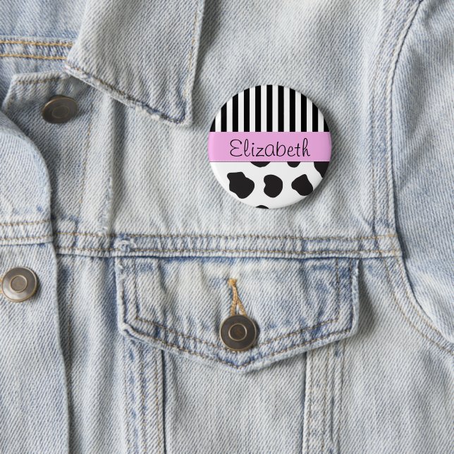 Cow Print, Stripes, Black and White, Your Name 2 Inch Round Button (In Situ)