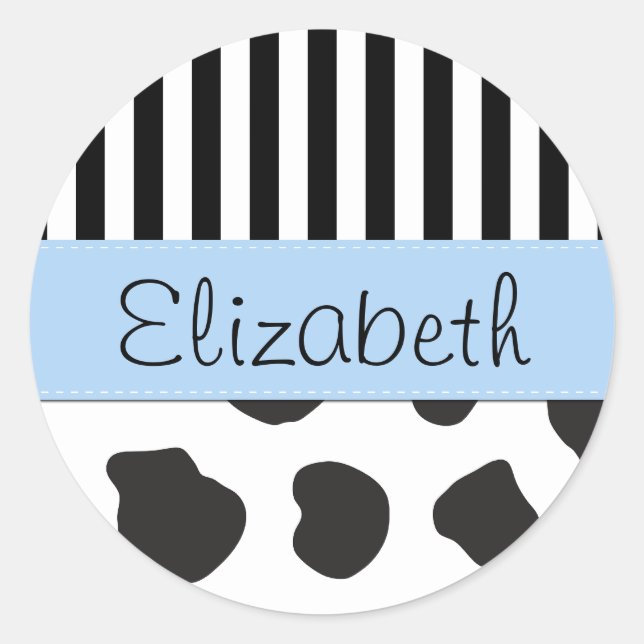 Cow Print, Stripes, Black and White, Your Name Classic Round Sticker (Front)