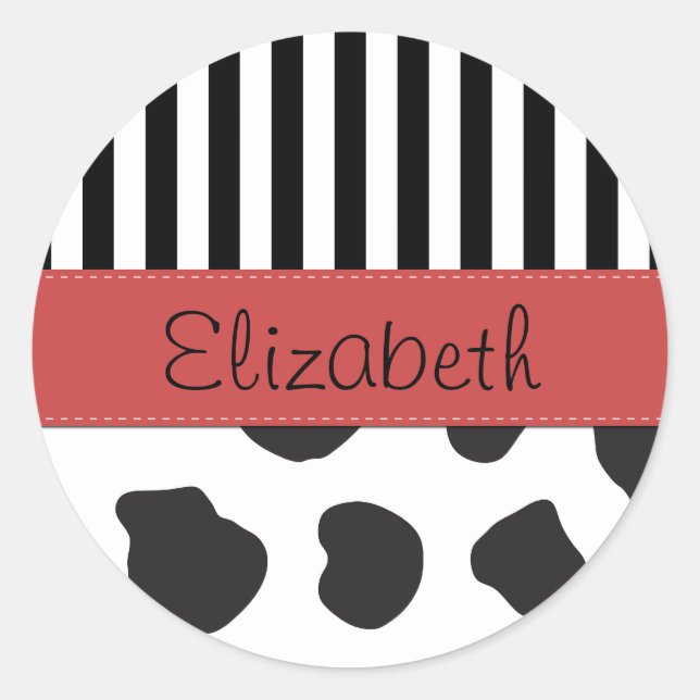 Cow Print, Stripes, Black and White, Your Name Classic Round Sticker (Front)