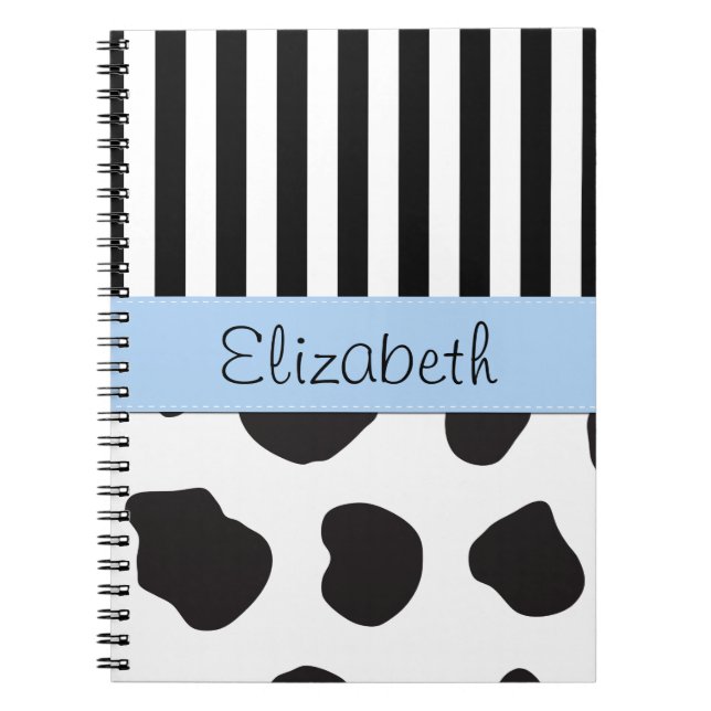 Cow Print, Stripes, Black and White, Your Name Notebook (Front)