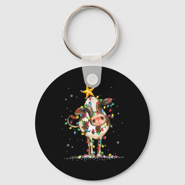 Cow Reindeer Hat Santa Christmas Lights Fun Cow Ch Keychain (Front)
