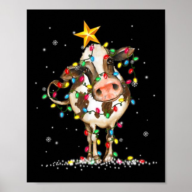 Cow Reindeer Hat Santa Christmas Lights Fun Cow Ch Poster (Front)