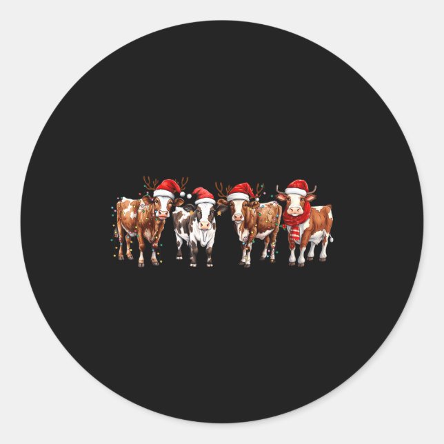 Cow Reindeer Santa Hat Christmas Light Funny Cows  Classic Round Sticker (Front)