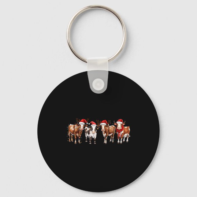 Cow Reindeer Santa Hat Christmas Light Funny Cows  Keychain (Front)
