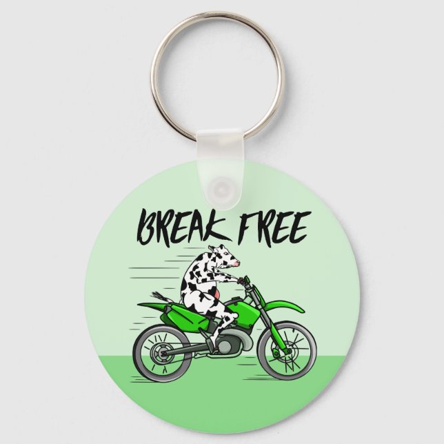 Cow riding a green motor cross bike keychain (Front)