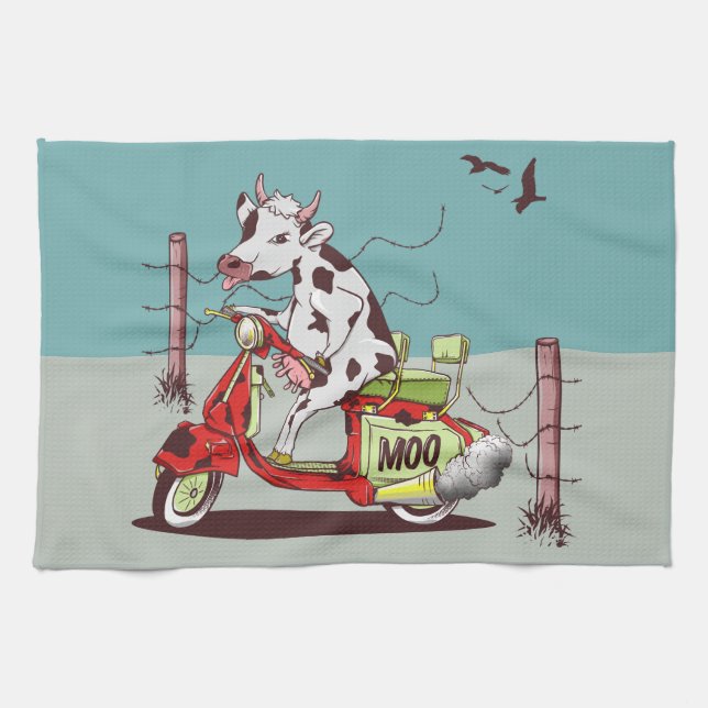 Cow riding a vintage motorcylce kitchen towel (Horizontal)
