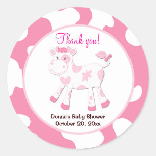 Cow Round Favour Sticker - Pink
