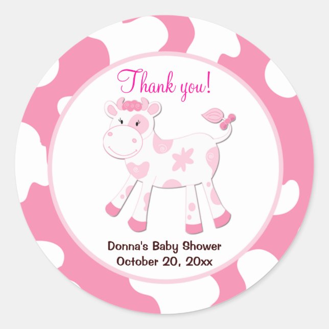 Cow Round Favour Sticker  - Pink (Front)
