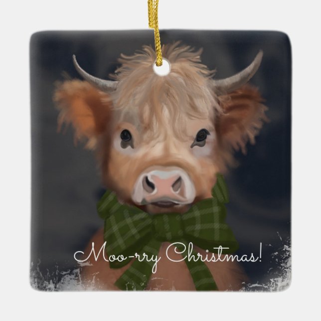 Cow’s Christmas Cheer Ceramic Ornament (Front)